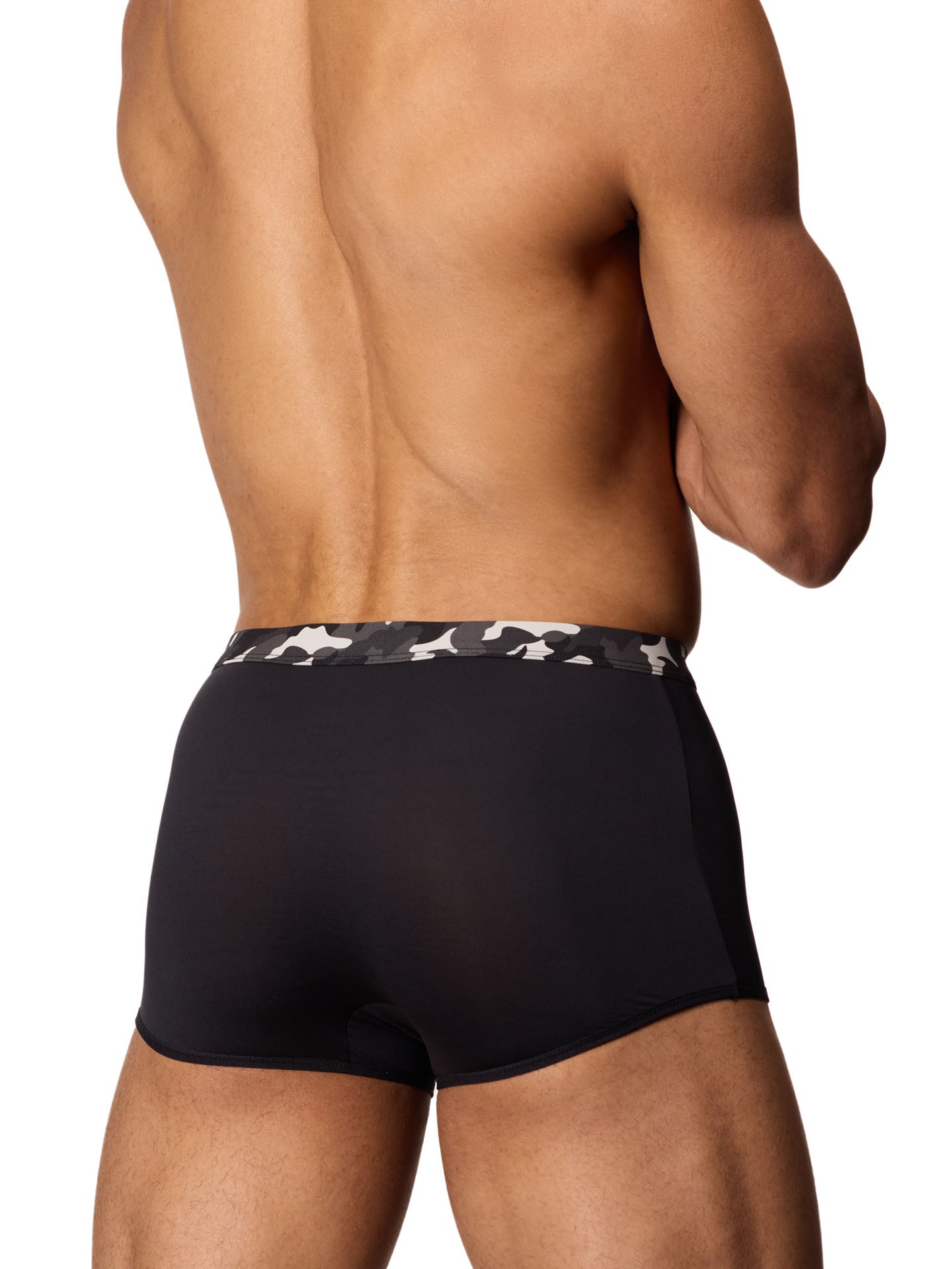 Back side view of a male model wearing black Body Aware trunks with a camouflage waistband