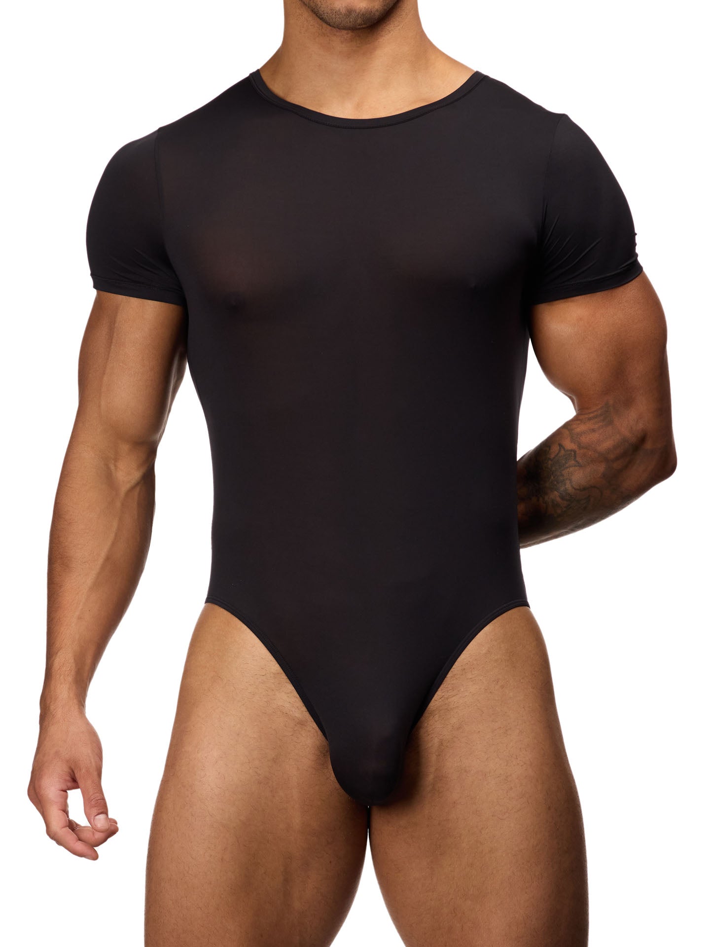 Front view of a male model wearing a black Body Aware bodysuit with short-sleeves