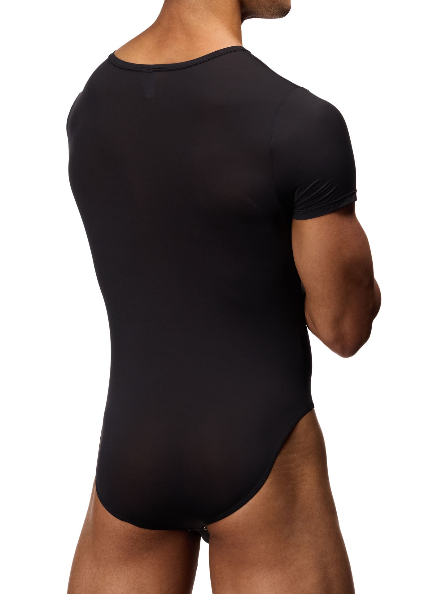 Back side view of a male model wearing a black Body Aware bodysuit with short-sleeves