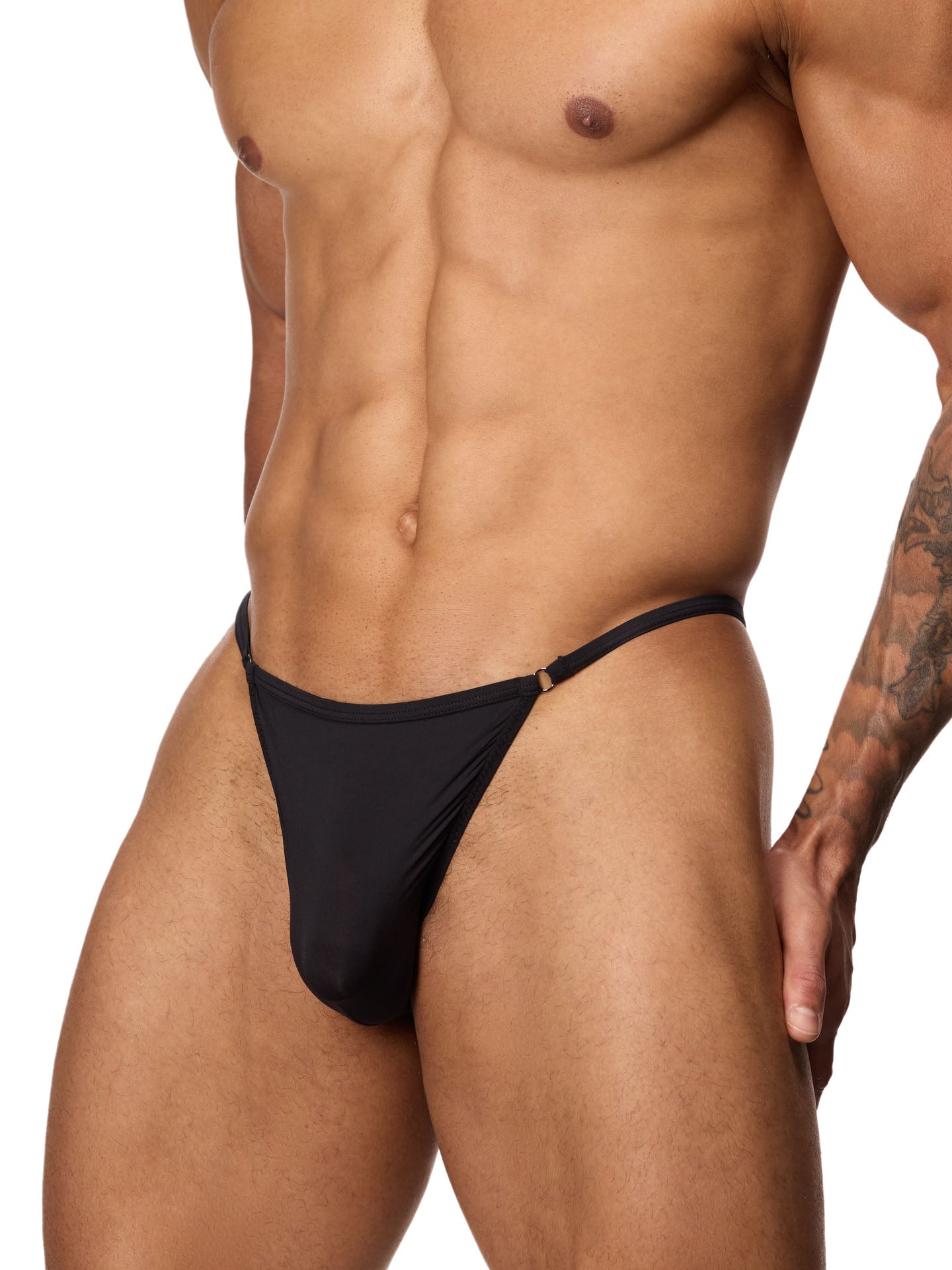 Front side view of a male model wearing a black Body Aware thong
