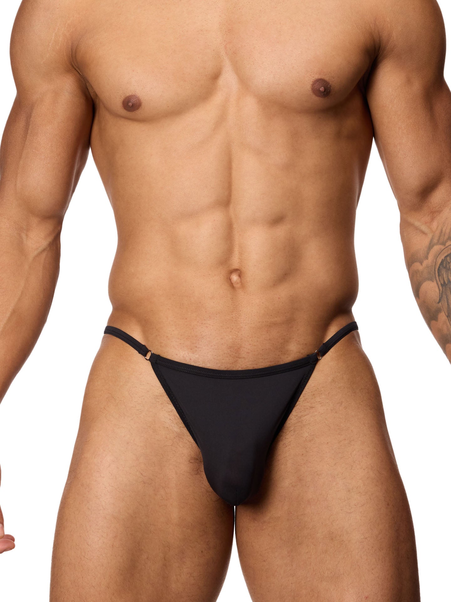 Front view of a male model wearing a black Body Aware bikini brief