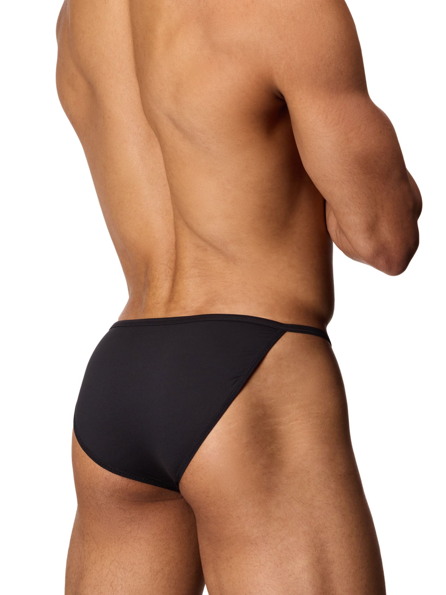 Back side view of a male model wearing a black Body Aware bikini brief