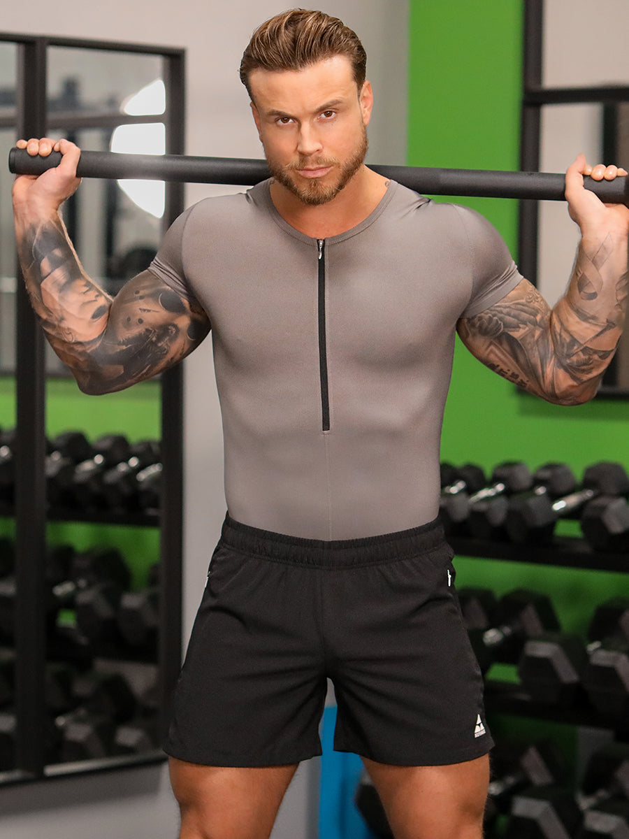 men's grey zip short sleeve bodysuit - Body Aware UK