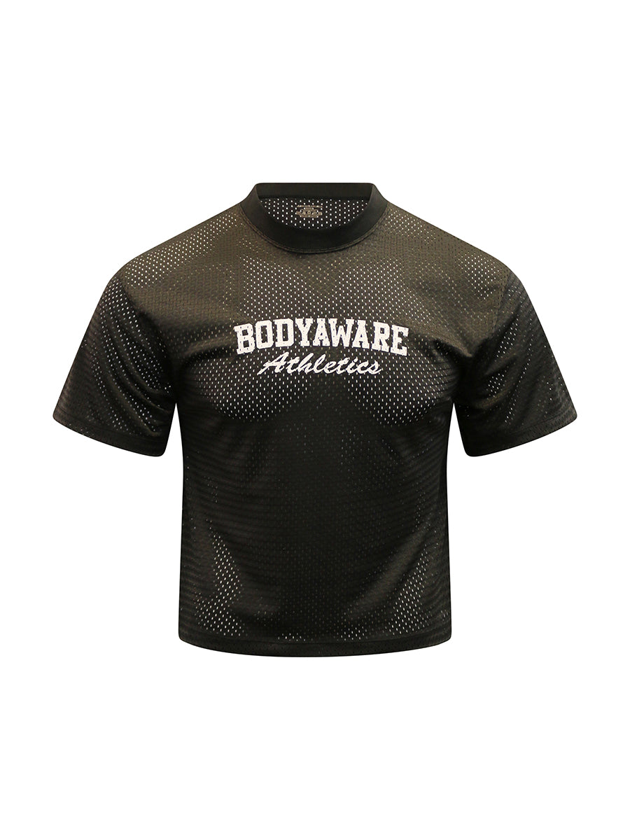 Black mesh jersey with 'Body Aware Athletics' written across the chest, on a white background.