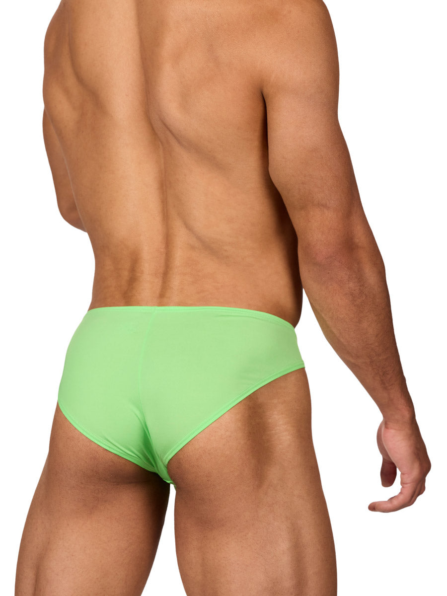 Rear view of a male model wearing a lime green men's brief with shaping pouch