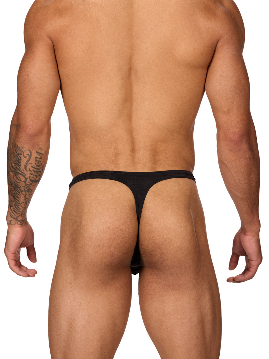 Back view of a muscular male model wearing a black Body Aware thong