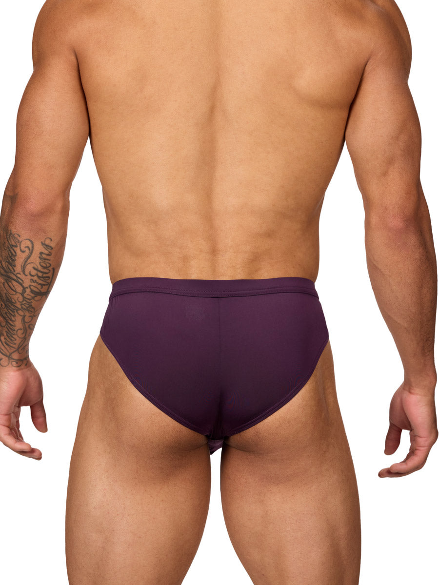 Back view of a muscular male model wearing purple Body Aware briefs with matching waistband