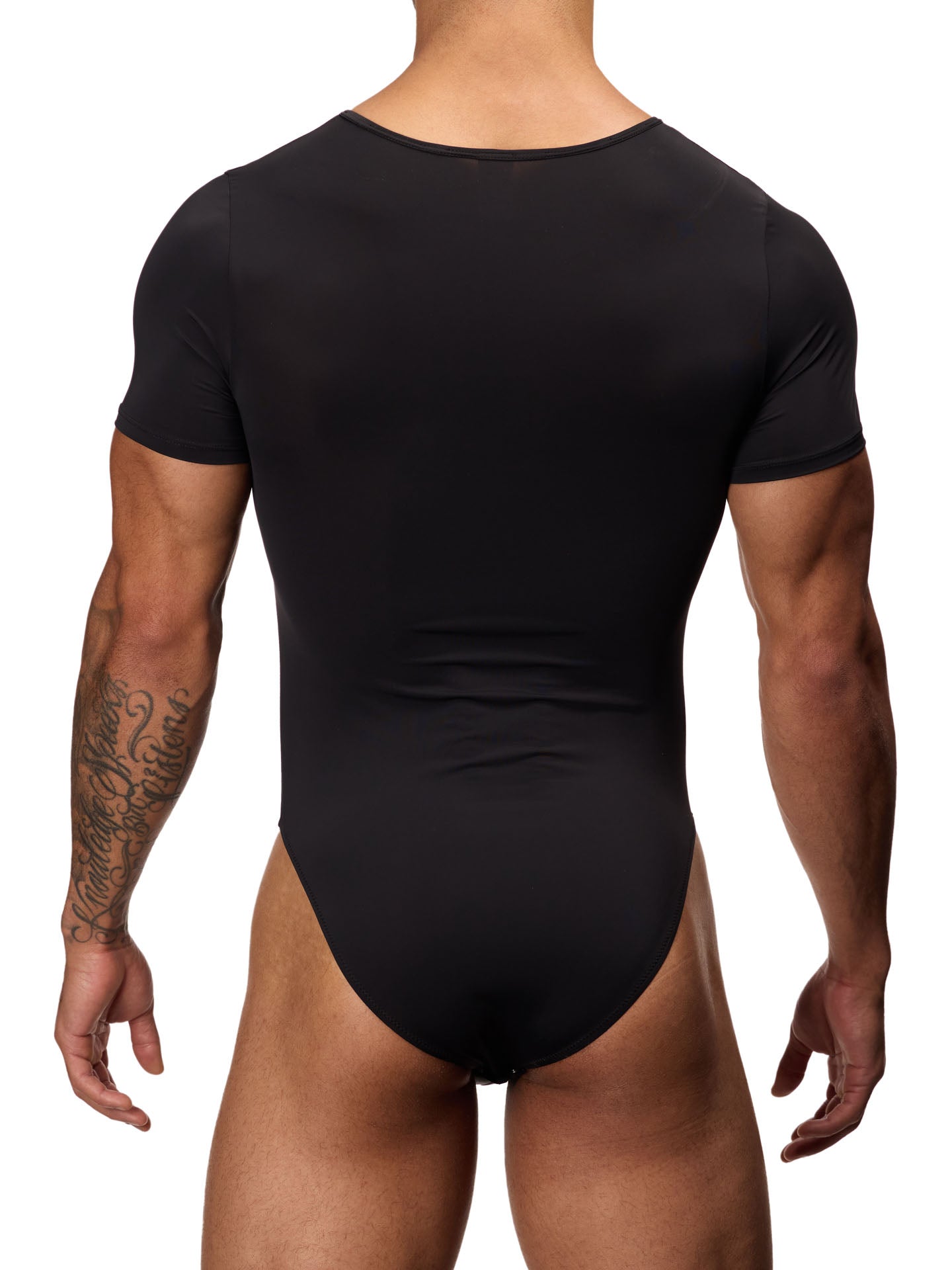 Back view of a male model wearing a black Body Aware bodysuit with a henley style neck