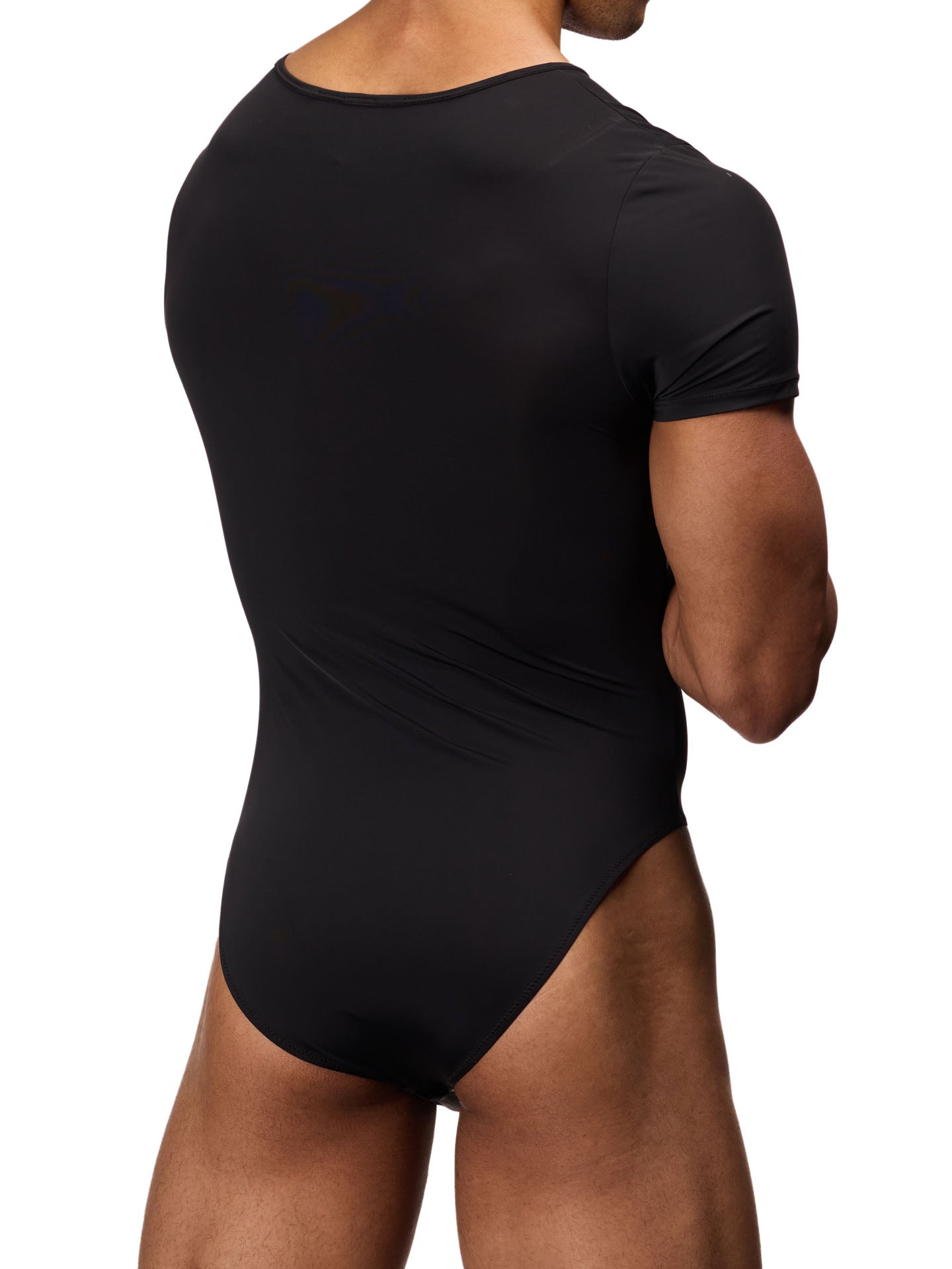 Rear view of a male model wearing a black Body Aware bodysuit with a henley style neck