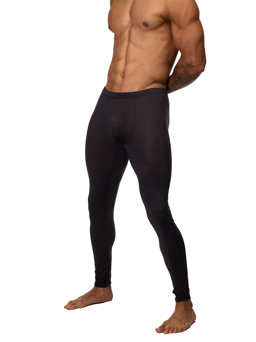 Front side view of a male model wearing black Body Aware leggings