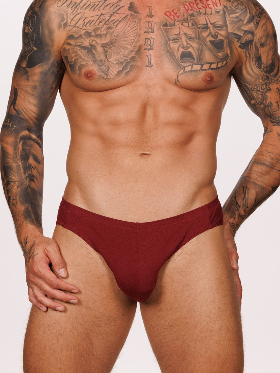 Front view of a male model wearing a burgundy red Body Aware brief