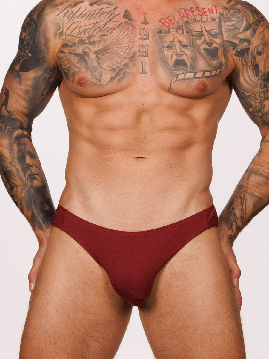 Front view of a male model wearing a burgundy red Body Aware brief