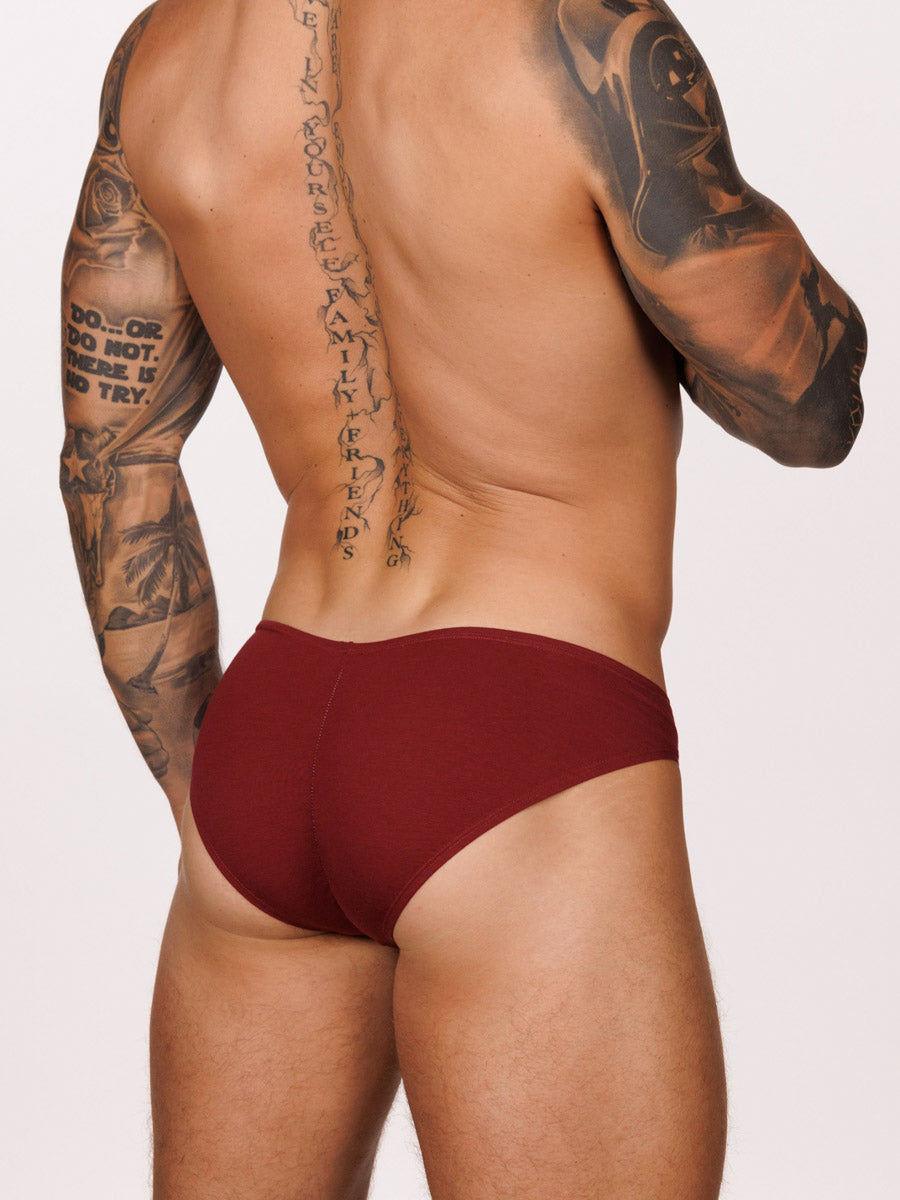 Back view of a male model wearing a burgundy red Body Aware brief