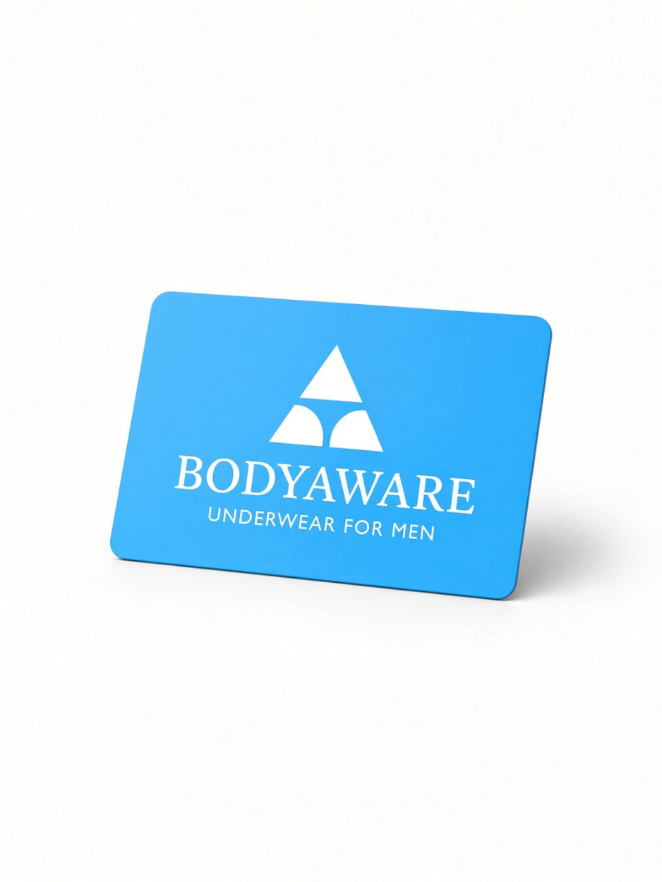 A blue rectangular card or packaging insert with rounded corners, featuring the white Bodyaware logo and the text 'BODYAWARE UNDERWEAR FOR MEN' on a clean white background.