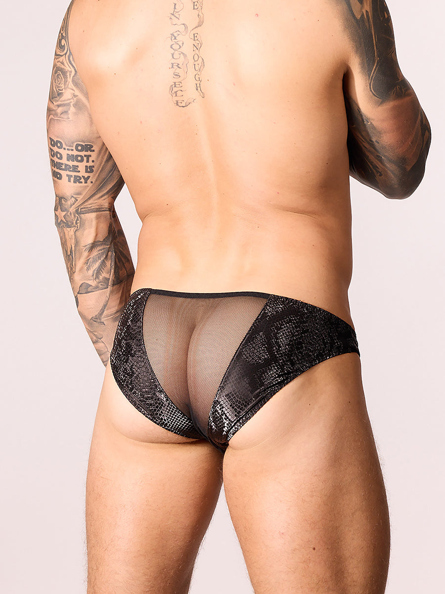 back shot of man wearing black underwear with a mesh panel in the middle exposing his butt Body Aware UK
