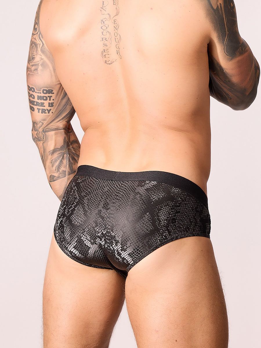 Back view black nylon brief with side mesh panel and elastic waist. White background Body Aware UK
