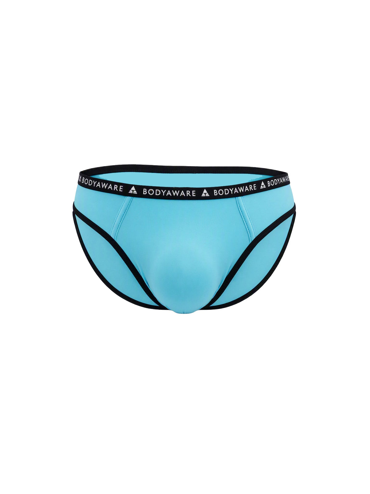 Front view of light blue men's briefs on a plain white background.