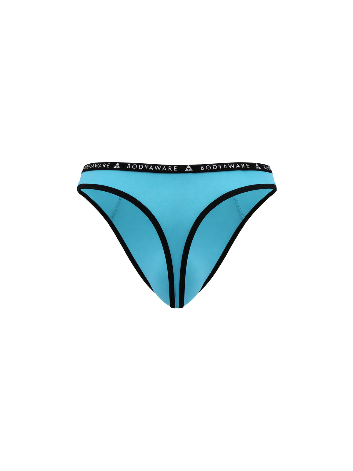 Rear view of a light blue thong on a plain white background.