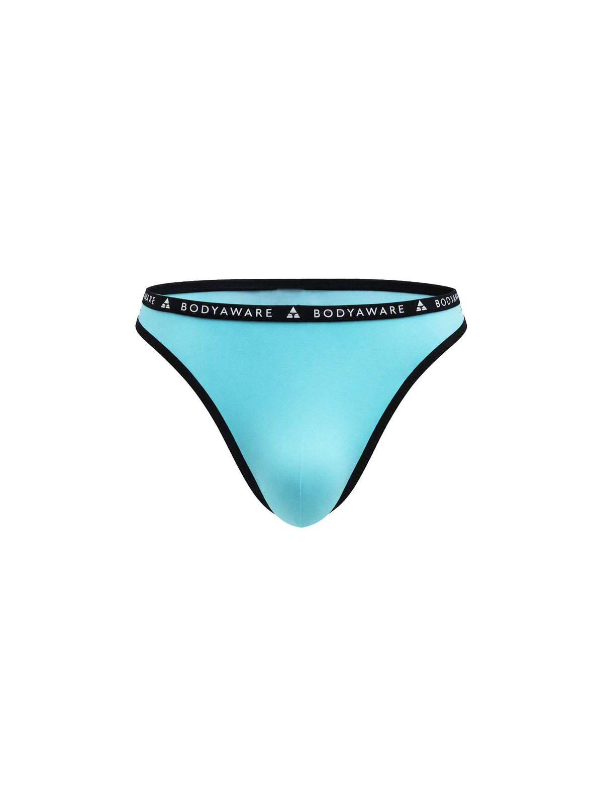 Front view of a light blue men's thong on a plain white background.