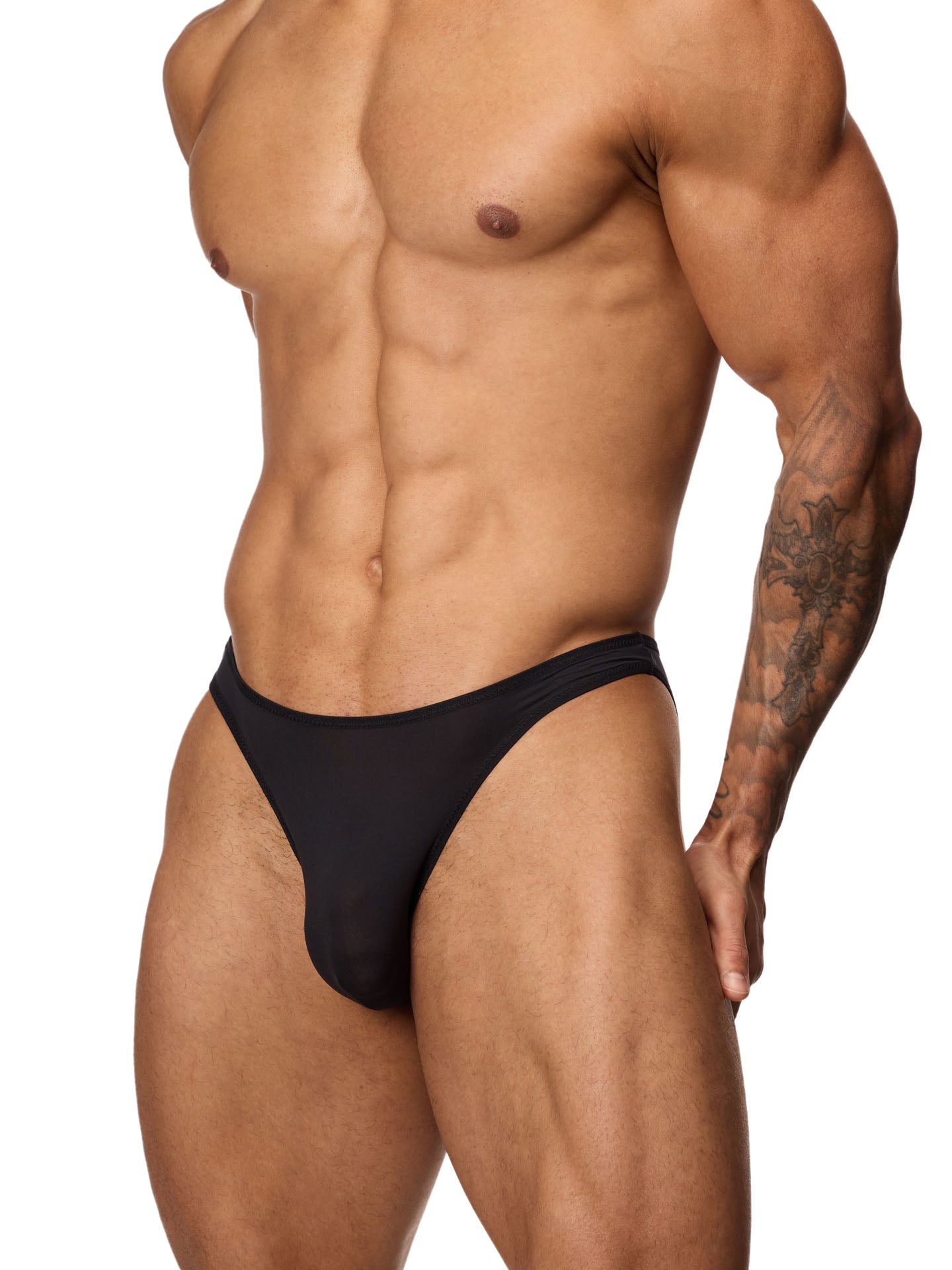 Front side view of a male model wearing a black Body Aware brief