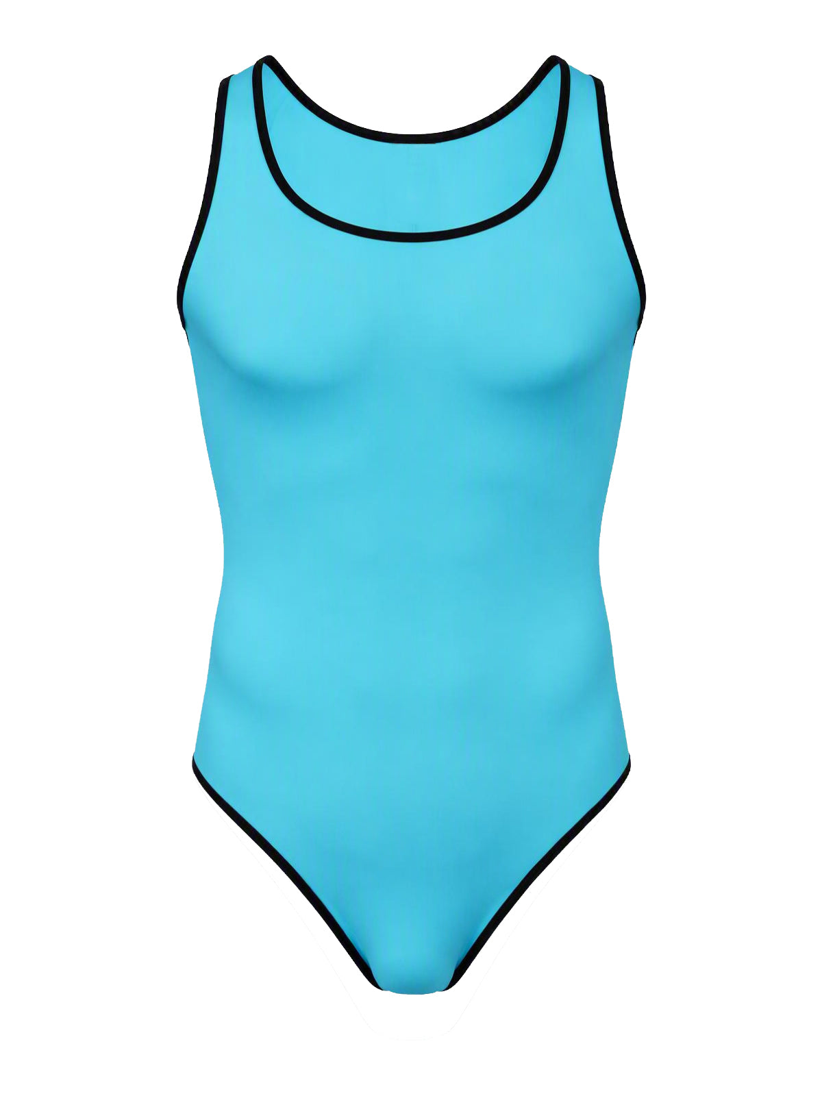 A light blue sleeveless thong bodysuit against a plain white background.