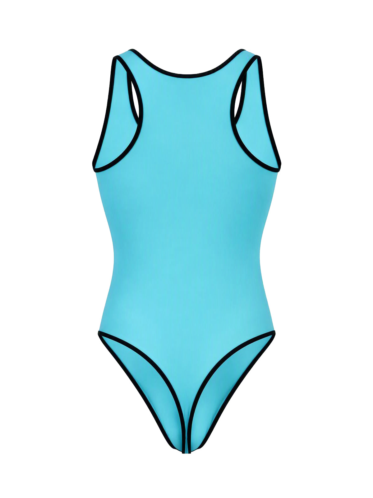 Rear view of a light blue sleeveless thong bodysuit against a plain white background.