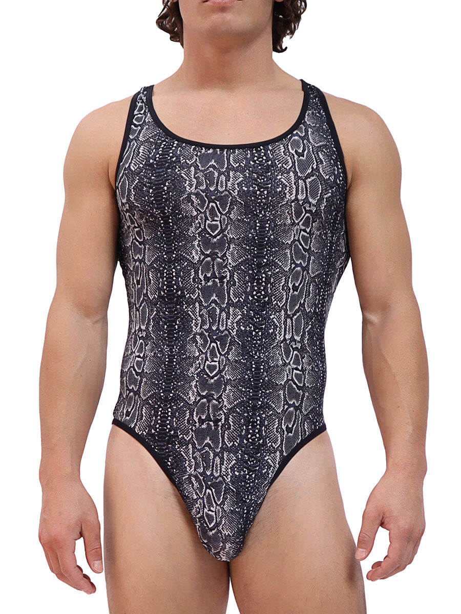 men's black snake print thong bodysuit - Body Aware UK