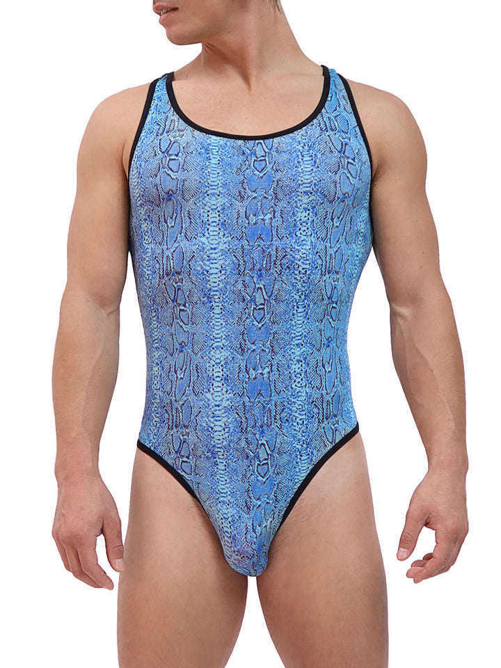 men's blue snake print thong bodysuit - Body Aware UK