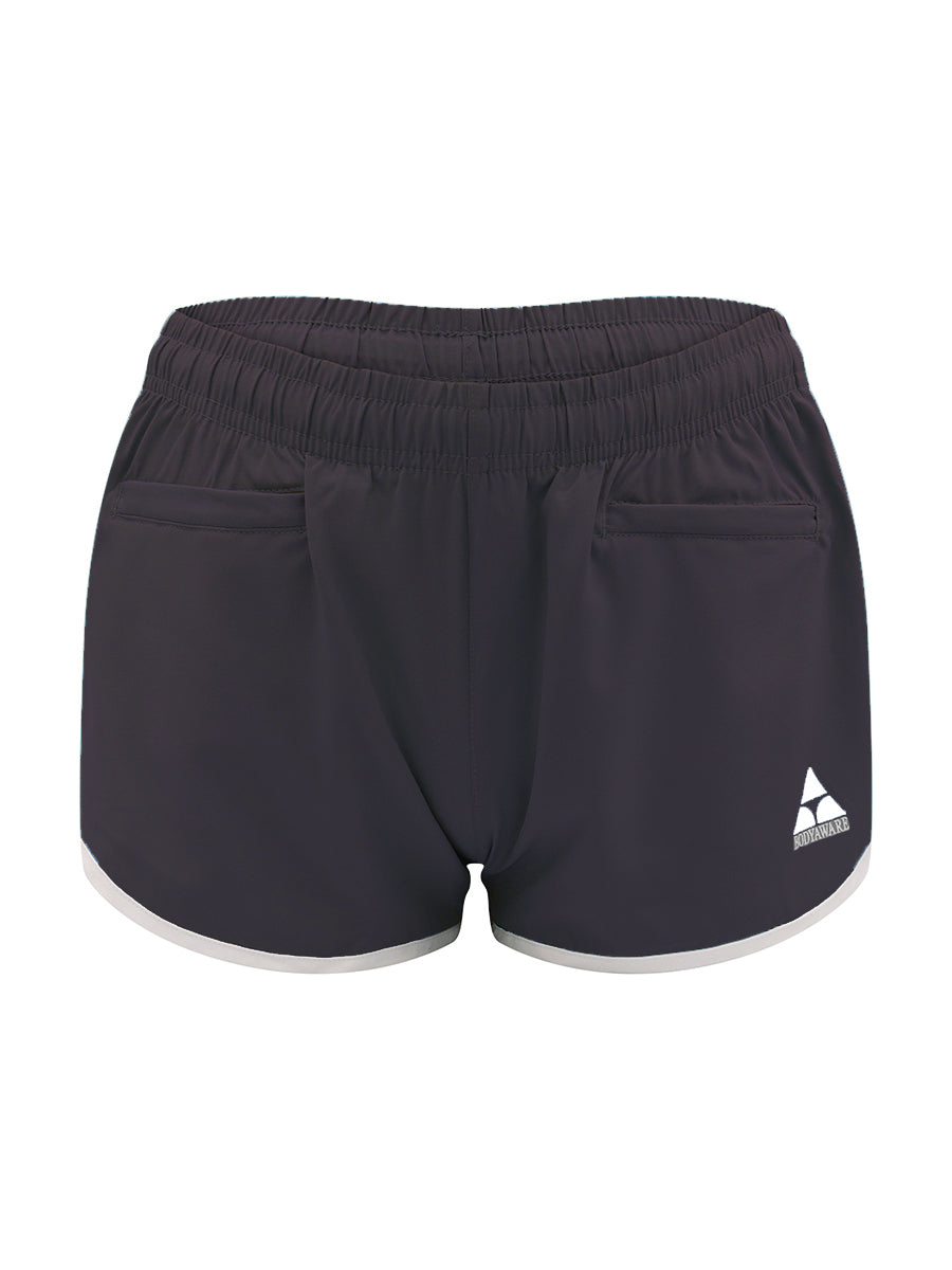 Black athletic shorts with a logo on a white background