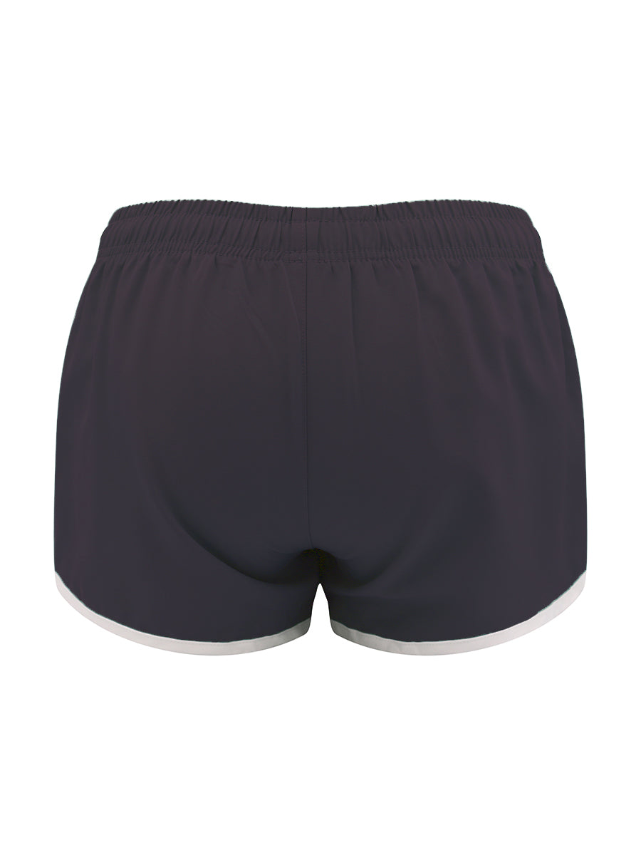 Black shorts with white trim on a white background