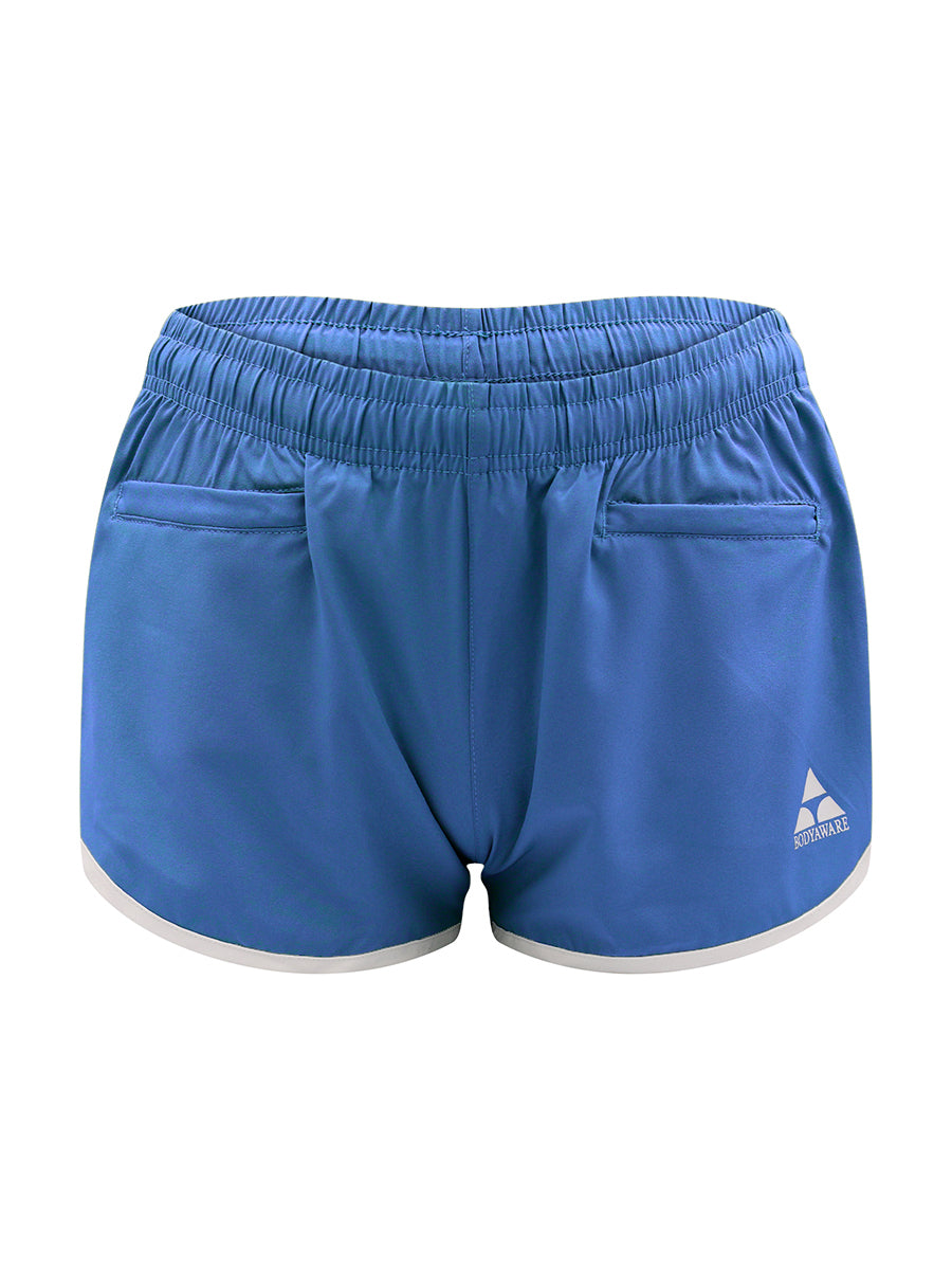 Blue athletic shorts with a brand logo on a white background
