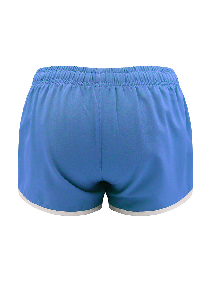 Blue athletic shorts with white trim on a white background