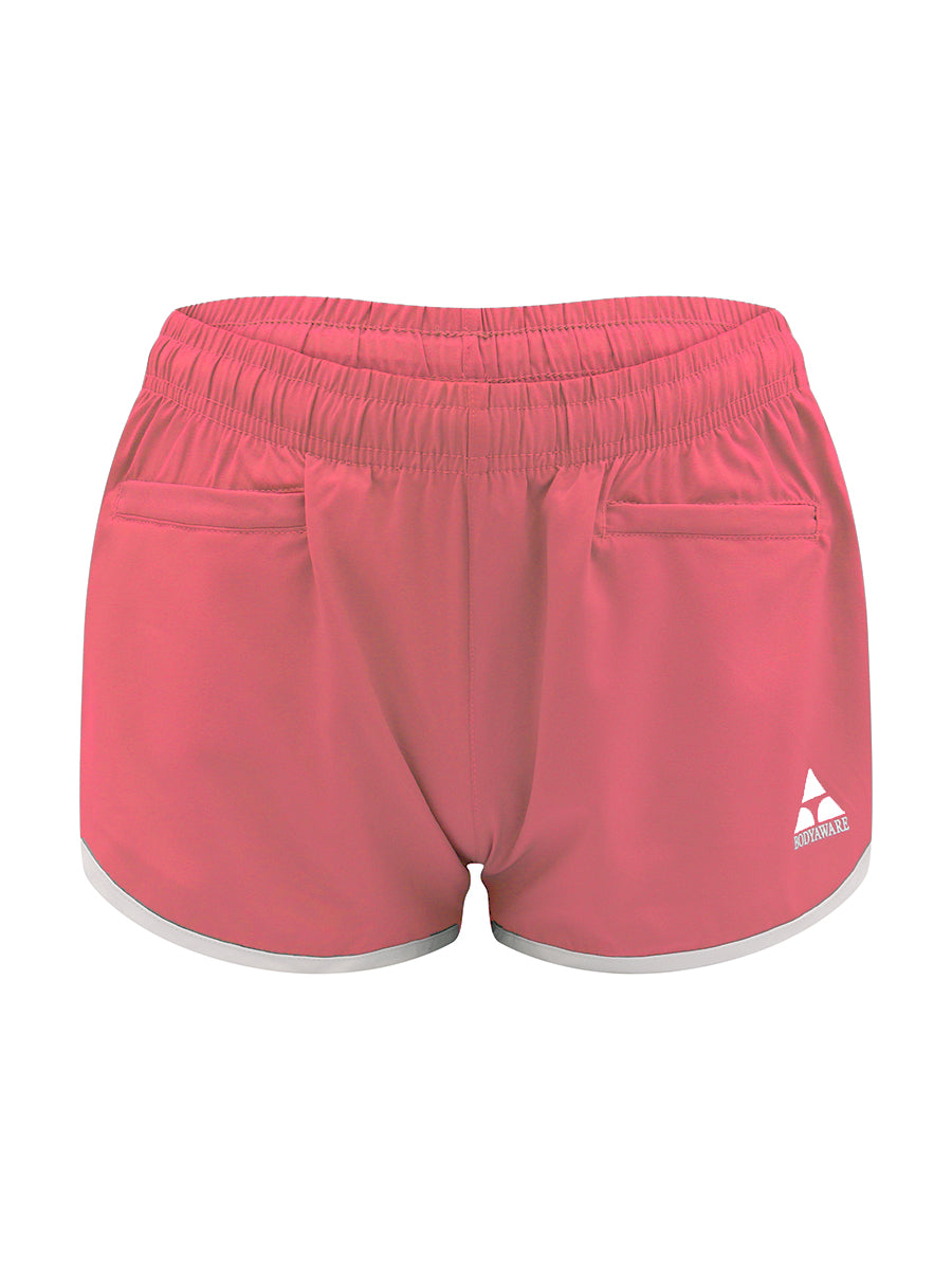 Pink athletic shorts with a brand logo on a white background