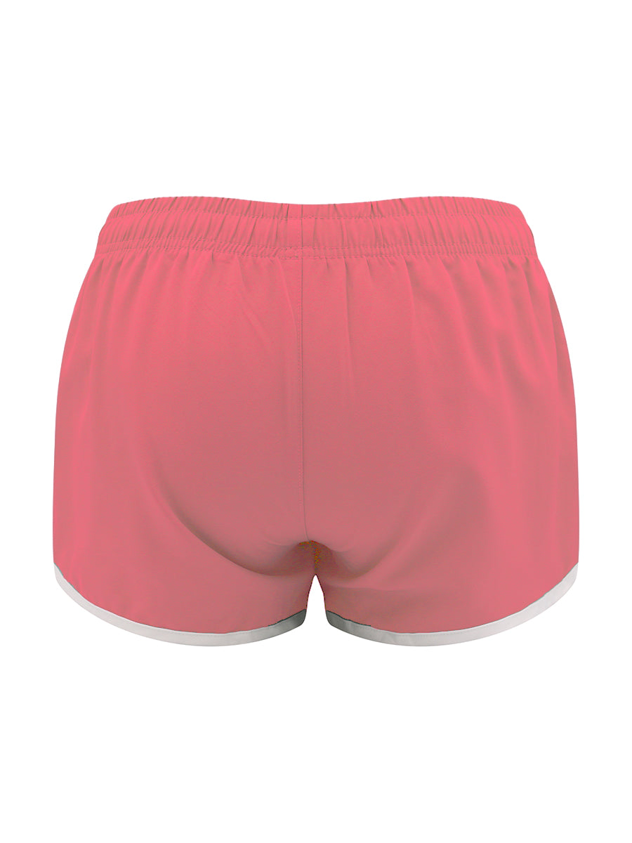 Pink shorts with white trim on a white background