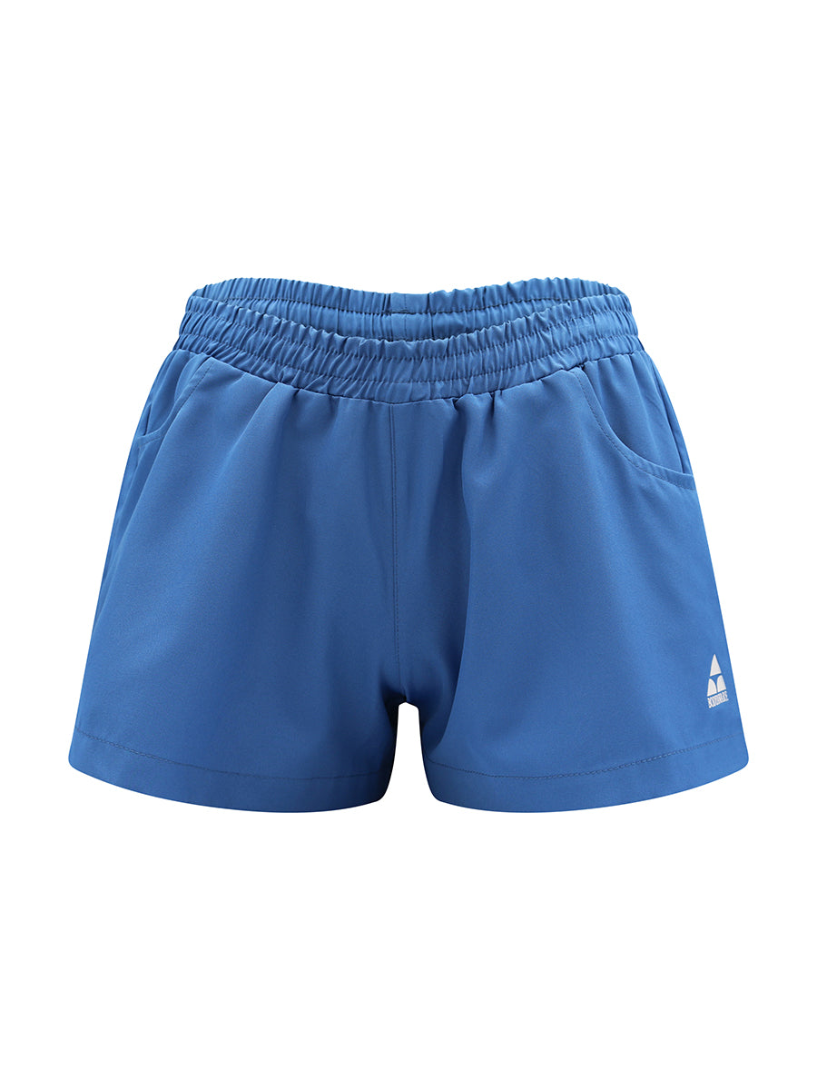 Blue shorts with a brand logo on a white background