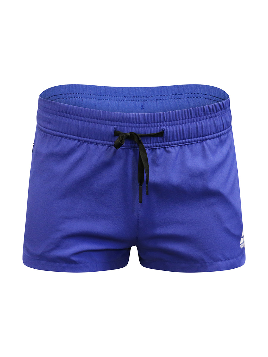Blue shorts with a drawstring on a white background