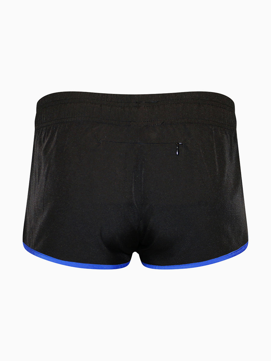 Black shorts with blue trim on a white background