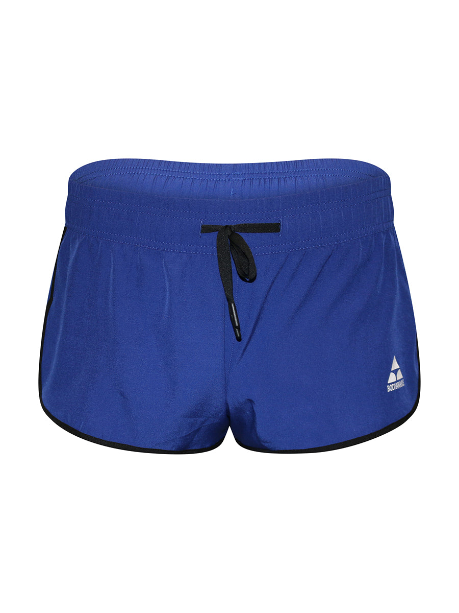 Blue shorts with a brand logo on a white background