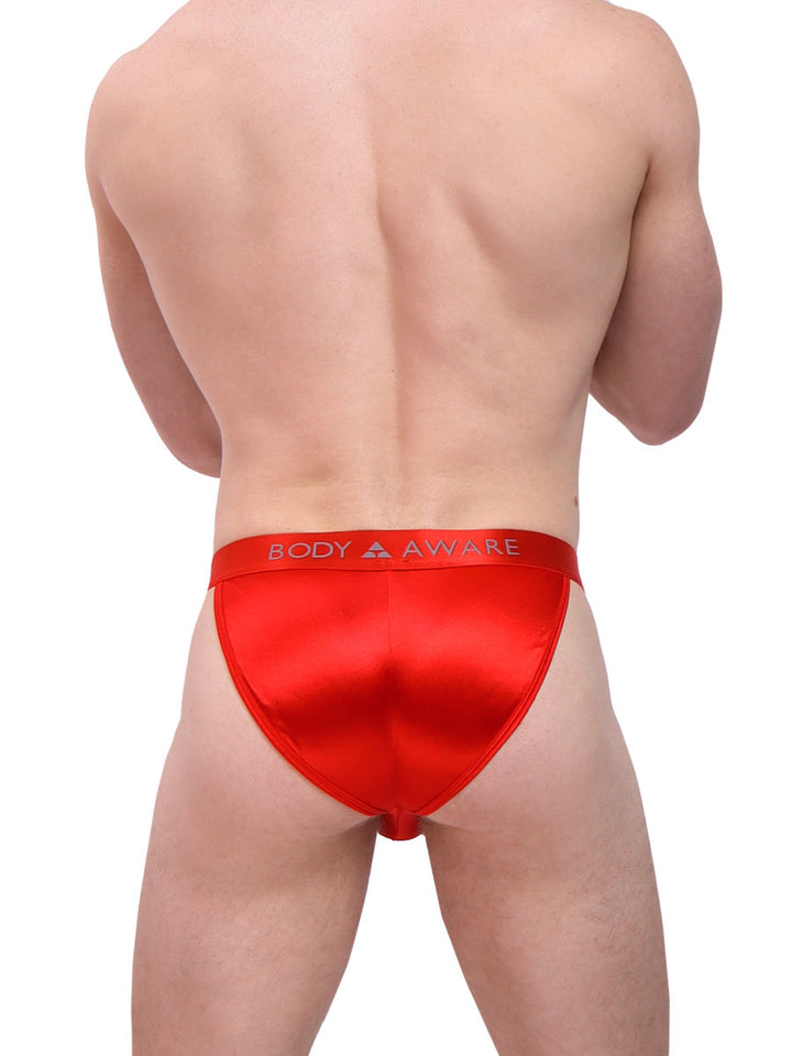 men's red satin logo tanga- Body Aware UK
