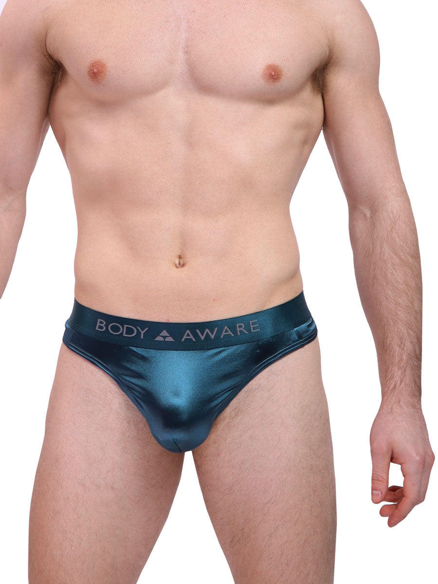 Men s Teal Satin Logo Thong Satin Underwear For Men Body Aware