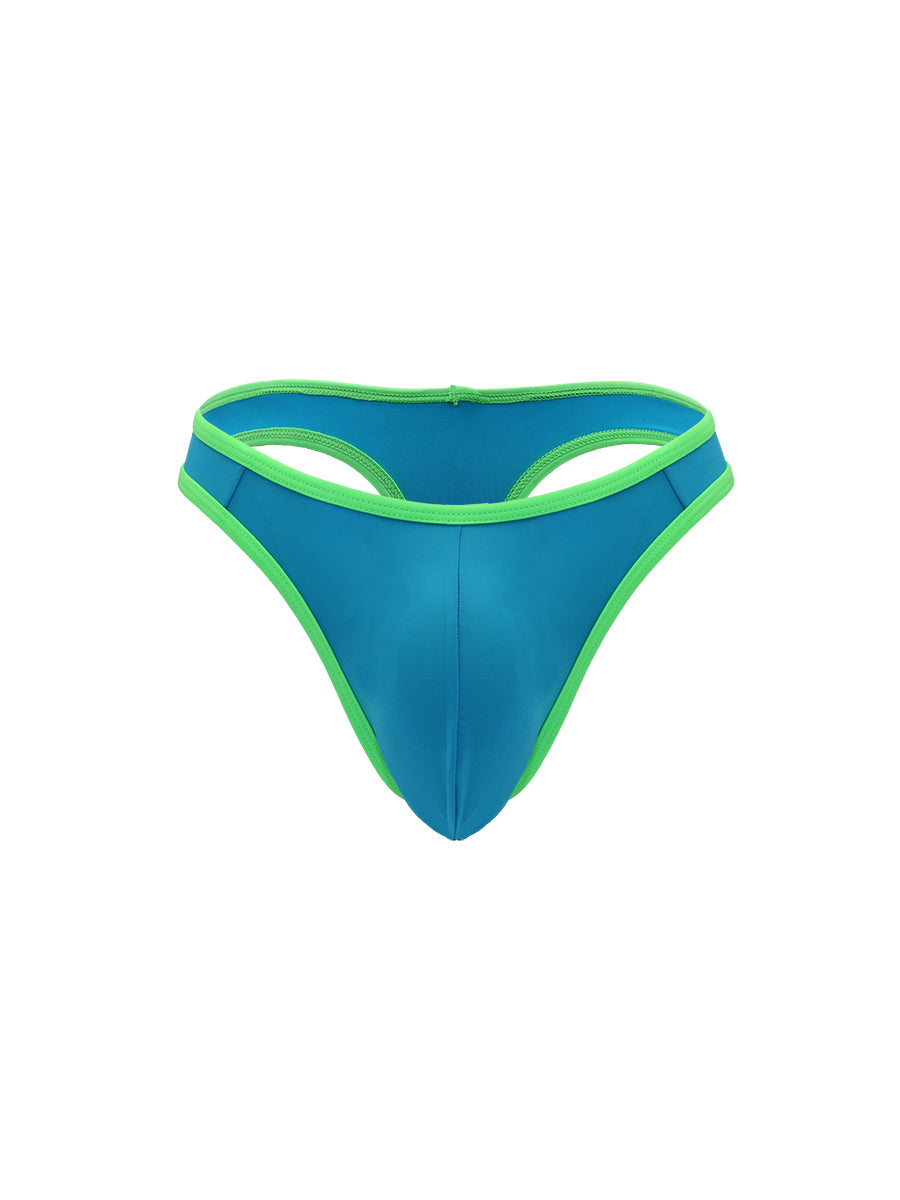 Blue men's thong with green trim on a white background.
