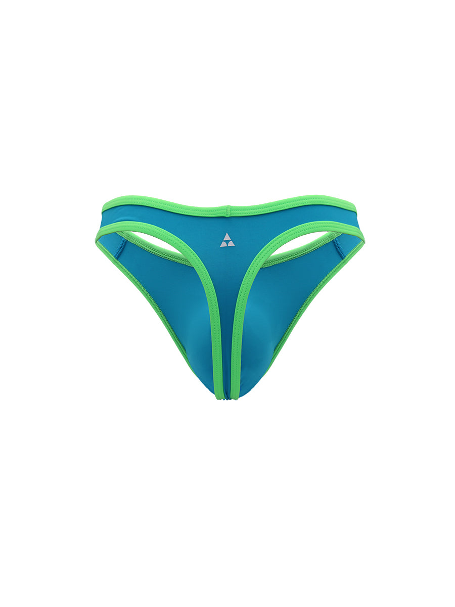 Blue men's thong with green trim and Body Aware logo on a white background.