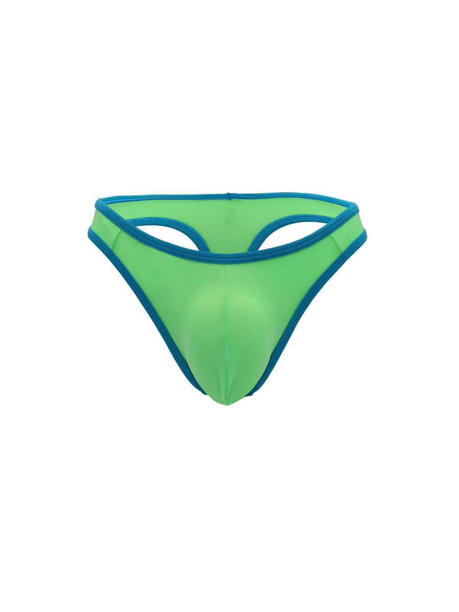 Lime green men's thong with blue trim on a white background.