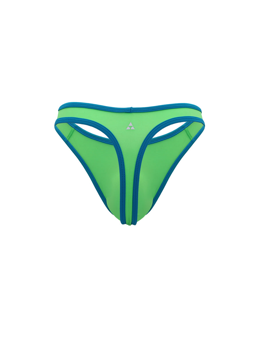Lime green men's thong with blue trim on a white background.