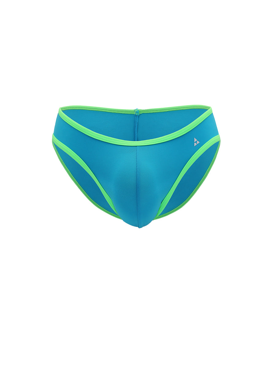 Bright blue underwear briefs with lime green trim on a white background.