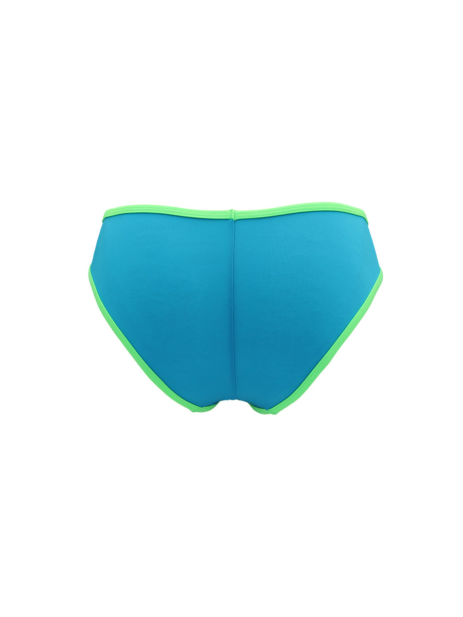 Bright blue underwear briefs with lime green trim on a white background.