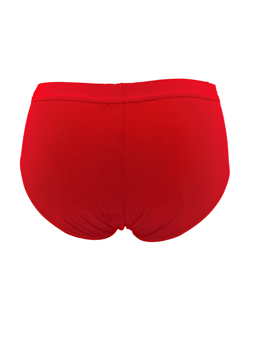 Rear view of red Body Aware men's briefs on a white background.