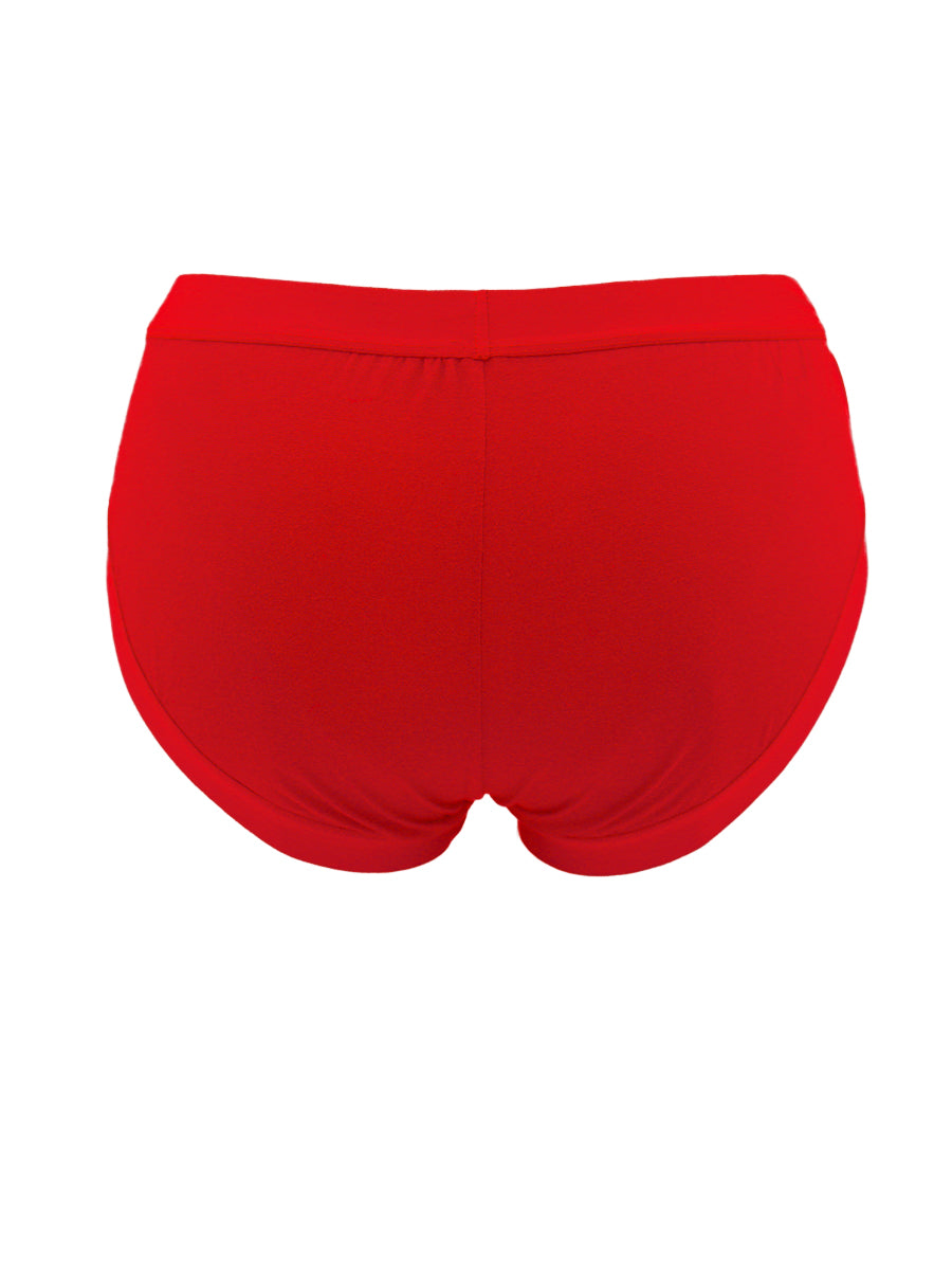 Back view of red Body Aware men's briefs on a white background.