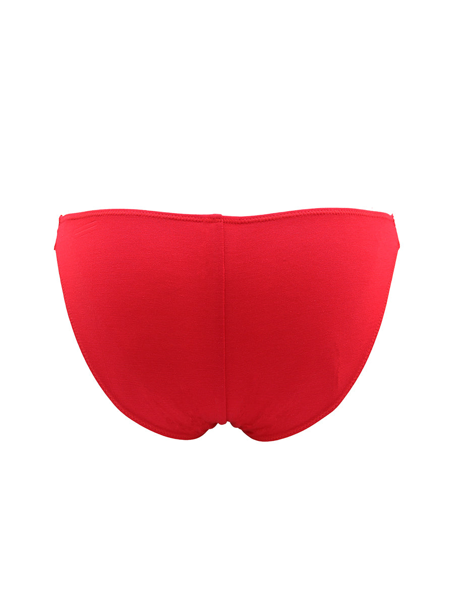 Rear view of a red Body Aware men's bikini brief on a white background.