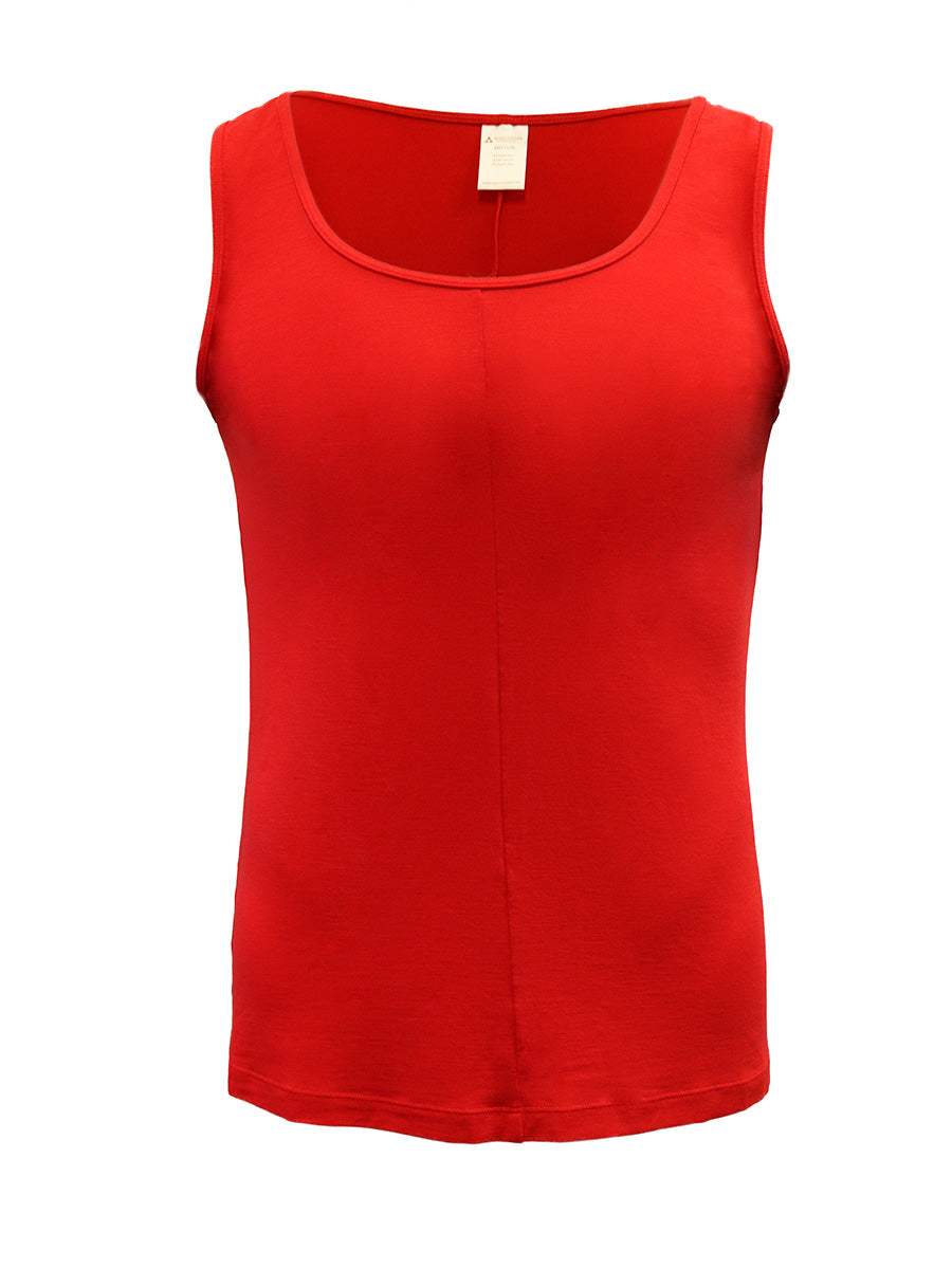 A red Body Aware men's tank top on a white background.
